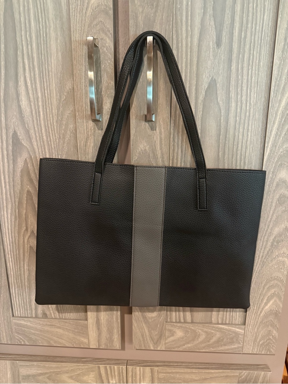 Brand New Vince Camuto Black Tote Bag with Center Gray Stripe